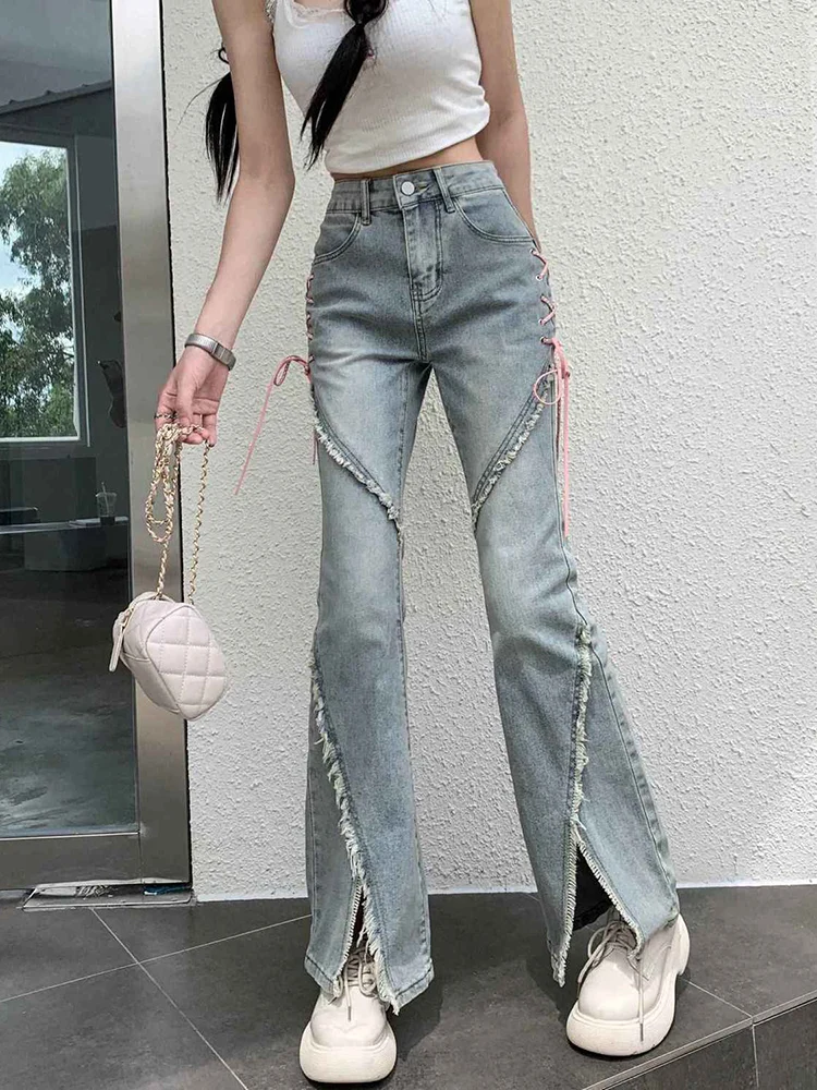 

Jmprs Vintage Slit Sweet Jeans Women Elegant Lace Up High Waist Denim Pants Korean Casual Retro Female Tassel Design Jeans New