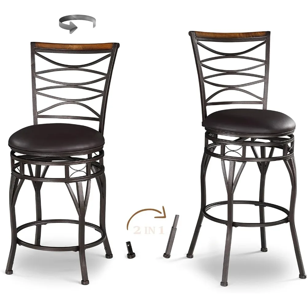 

Swivel Bar Stools Set of 2, 24/29 Inch Adjustable Seat Height Bar Stool with Back, PU Leather Kitchen Island Stools for Pub