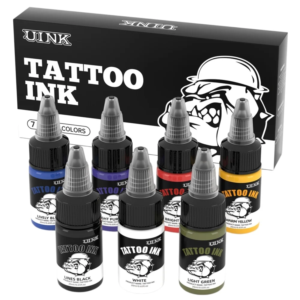 UINK 7Pcs/Set 0.65oz/20ml Tattoo Ink Long-lasting High-quality Safe Professional Artists Body Art Creative Designs Beginner Supplies Accessories Red Black Blue Purple Green Golden White
