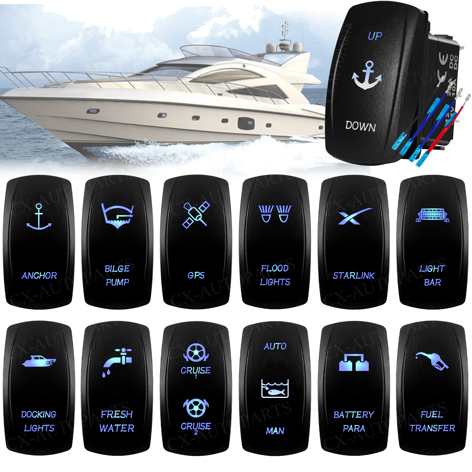 Marine Grade IP66 Rocker Switch ON-OFF / ON-OFF-ON Momentary Toggle 12-24V for Fishing Boat Trim Tabs Anchor Live Well System