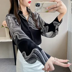 Elegant Lapel Lantern Sleeve Printed Button Chiffon Shirt Oversized Casual Long  Women Clothing Office Lady Blouse X657