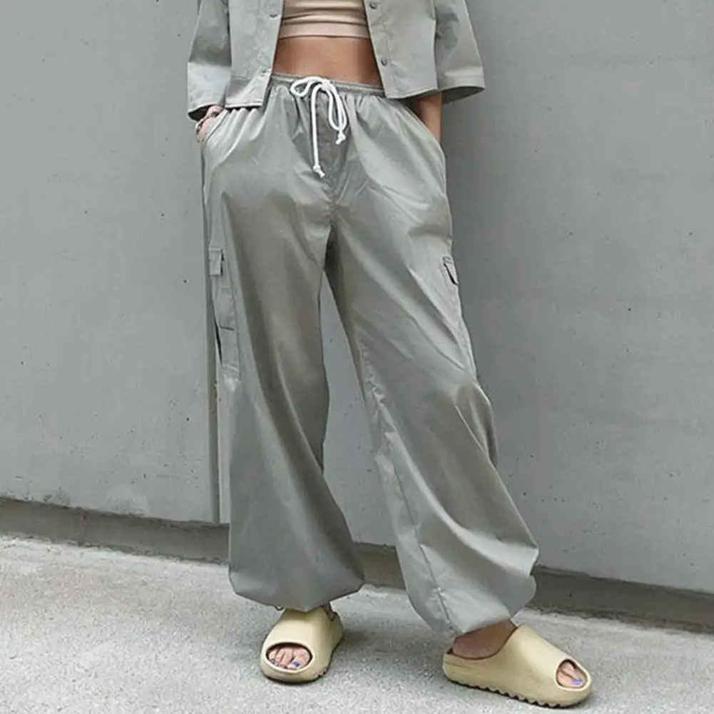 

Elastic Waist Drawstring High-Waist Solid Color Cargo Pants Multi Pockets Wide Leg Ankle Banded Women Baggy Slacks Streetwear