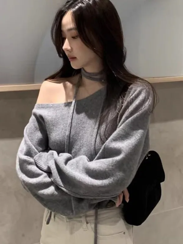 سترة محبوكة وردية فضفاضة بأكمام طويلة للنساء، تصميم جديد لخريف وشتاء على الطراز الكوري، أنيقة مع حزام، ناعمة ومريحة #1