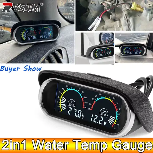AD 2 en 1 LCD medidor de temperatura del agua del coche Sensor de temperatura del agua 10mm medidor voltímetro voltaje Digital Horizontal 12v 24v Accesorios
