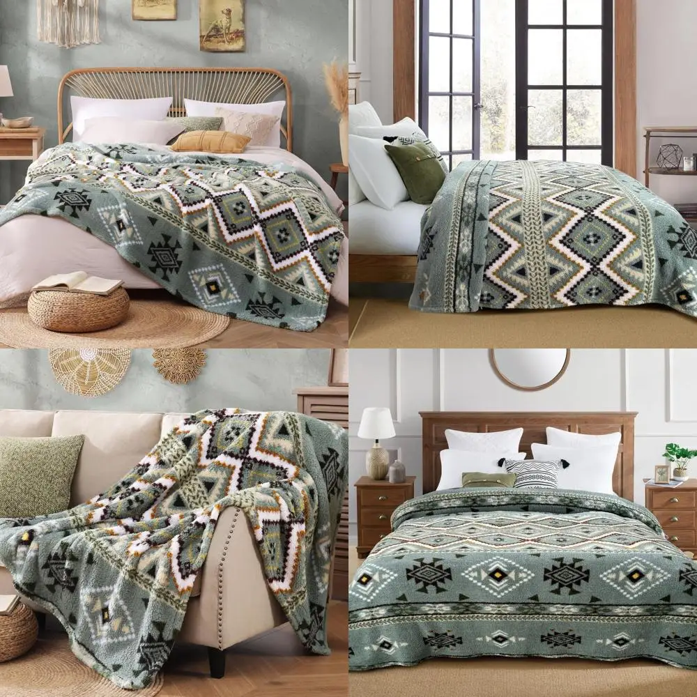 

Aztec Patterned Sherpa Throw, Plush Cozy Fleece Blanket, King Size for Couch, Bed, Sofa (Olive Green, 108x90 inches)