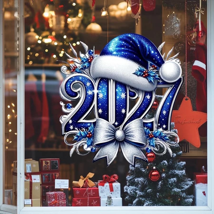1PC 2027 Christmas Window Sticker Blue Santa Hat Bow Decal Removable Self‑Adhesive New Year Glass Window Decor for Home Party view 5