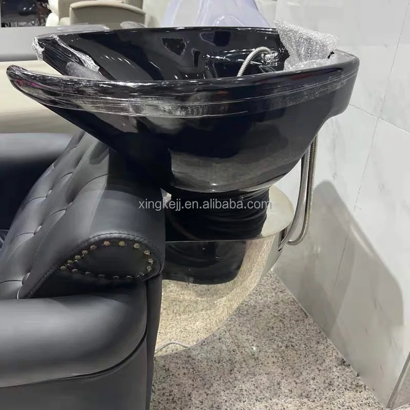 عرض ساخن على سرير شامبو أسود بالكامل، سرير تنظيف لصالون الشعر، كرسي شامبو شبه مستلق، تعديل يدوي لمتجر الحلاقة