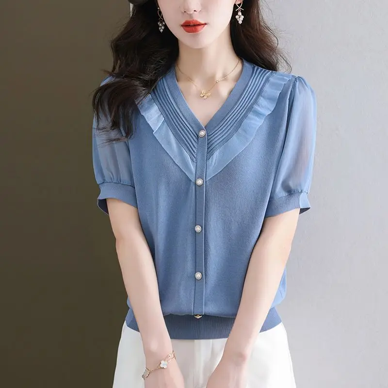 Fashion Ice Silk Short Sleeved T-shirt Women Summer Auricularia Auricula V-Neck Button Loose Age Reducing Korean Yarn Sleeve Top