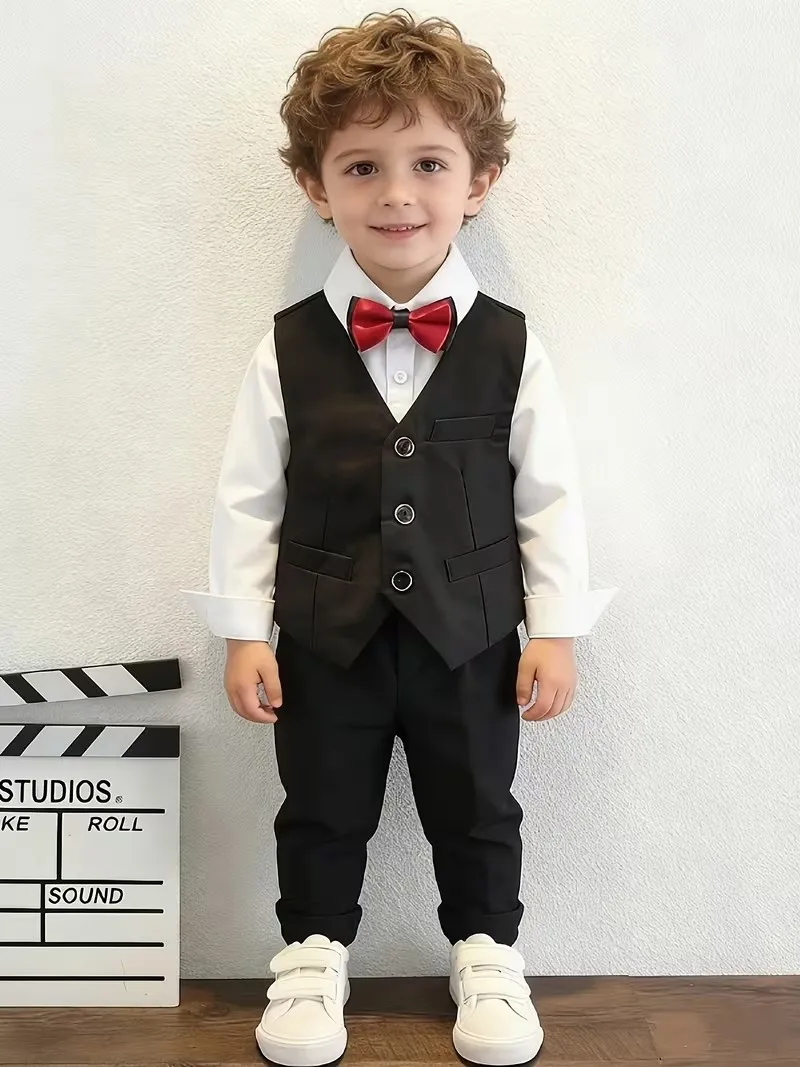 

90-150 Russia Boys Summer 4Pieces/Set Vest Shirt Pants Bowtie Suit Children Photography Dress Kids Wedding Birthday Outfit