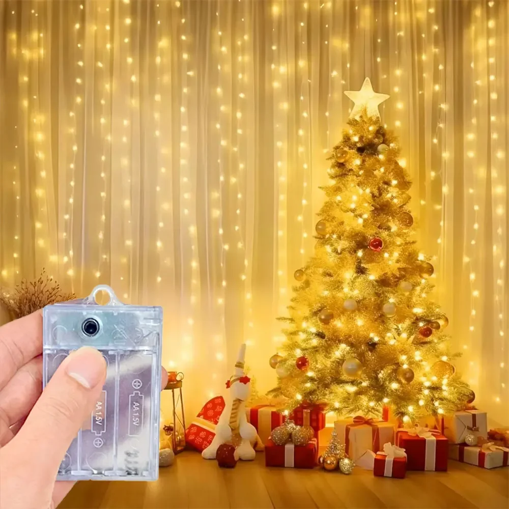 3/6M LED Curtain Light String Battery Power Wedding Bedroom Decor 2026 Christmas Home Decoration New Year 2027 Outdoor Lighting