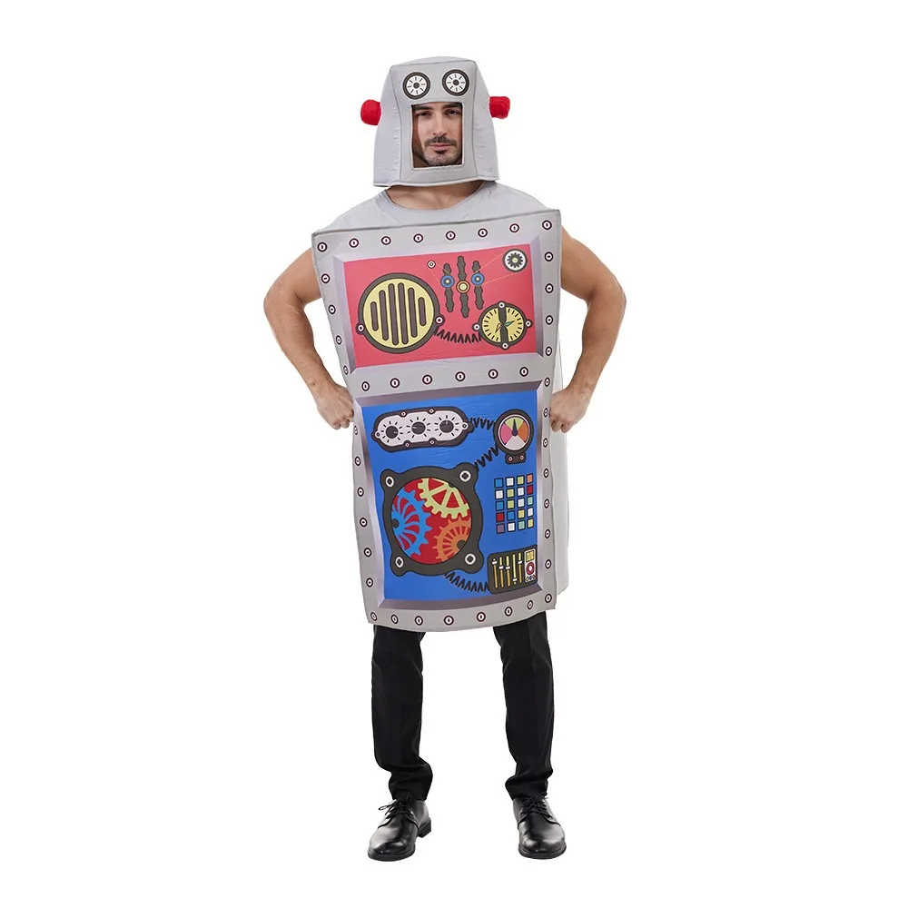 

Eraspooky Funny Adult Robot Costume Halloween Unisex Sponge Jumpsuit With Hat Carnival Party Stage Performance Fancy Dress