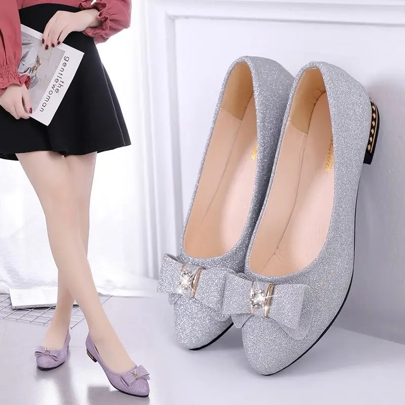 Sequin Leather Mid-Heels Lady Pointed Toe Thick Pumps Top 2023 Girls Cool Party Casual Shoes Woman Cheap Zapatos