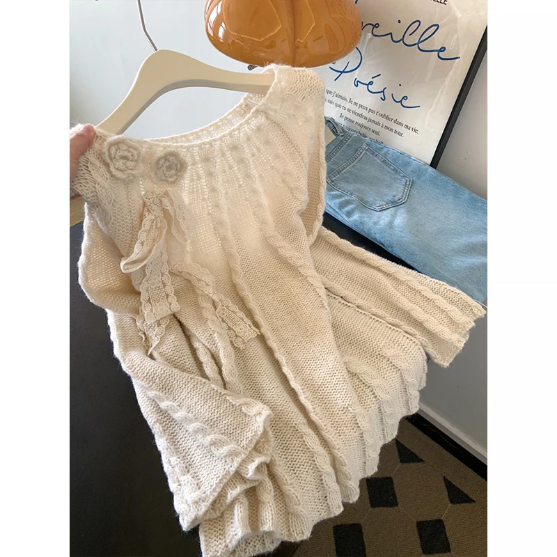 

Lace Knot Long Sve round Ne Pullover Knitwear Women Design Sensible Soft Top Versatile Four Seasons Basic Sle