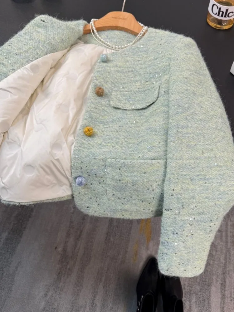 الحلو 2025 جديد إمرأة شتاء دافئ أسفل معطف س الرقبة واحدة الصدر الصوفية سترة قصيرة كم طويل مكتب سيدة ملابس خارجية غير رسمية #4