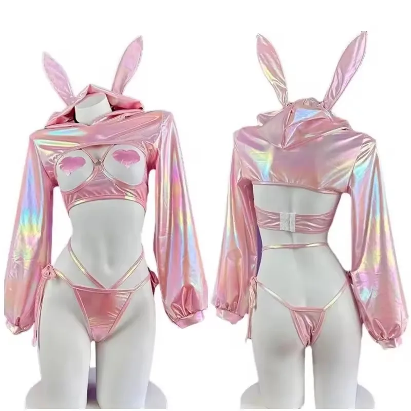 Adult Underwear Costume Pink Bunny Lingerie Set Women Hoodie Heart Cut Out Bra Thong 3Pcs Cosplay Outfit Sexy Club Party Costume