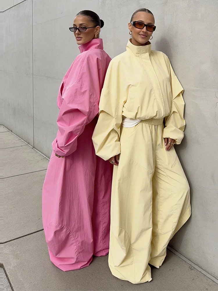 Stehkragen Langarm Oversize-Oberteil und Hosen-Set für Damen, Streetwear mit Taschen, Lockere Mäntel, Hosen mit Elastischem Bund, Schickes Damen-Outfit, Neu – Detail 8