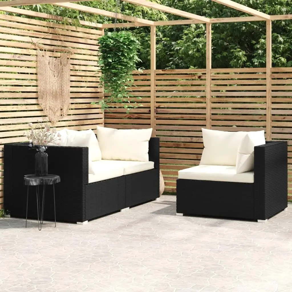 3-Piece Black Poly Rattan Patio Lounge Set with Cushions Outdoor Furniture