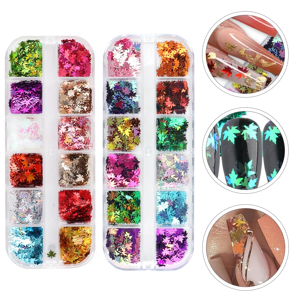 2 Boxes Maple Leaf Manicure Sequin Colored Glitter Nail Art Natural Artificial Nails Decoration Portable Nail Art Supplies