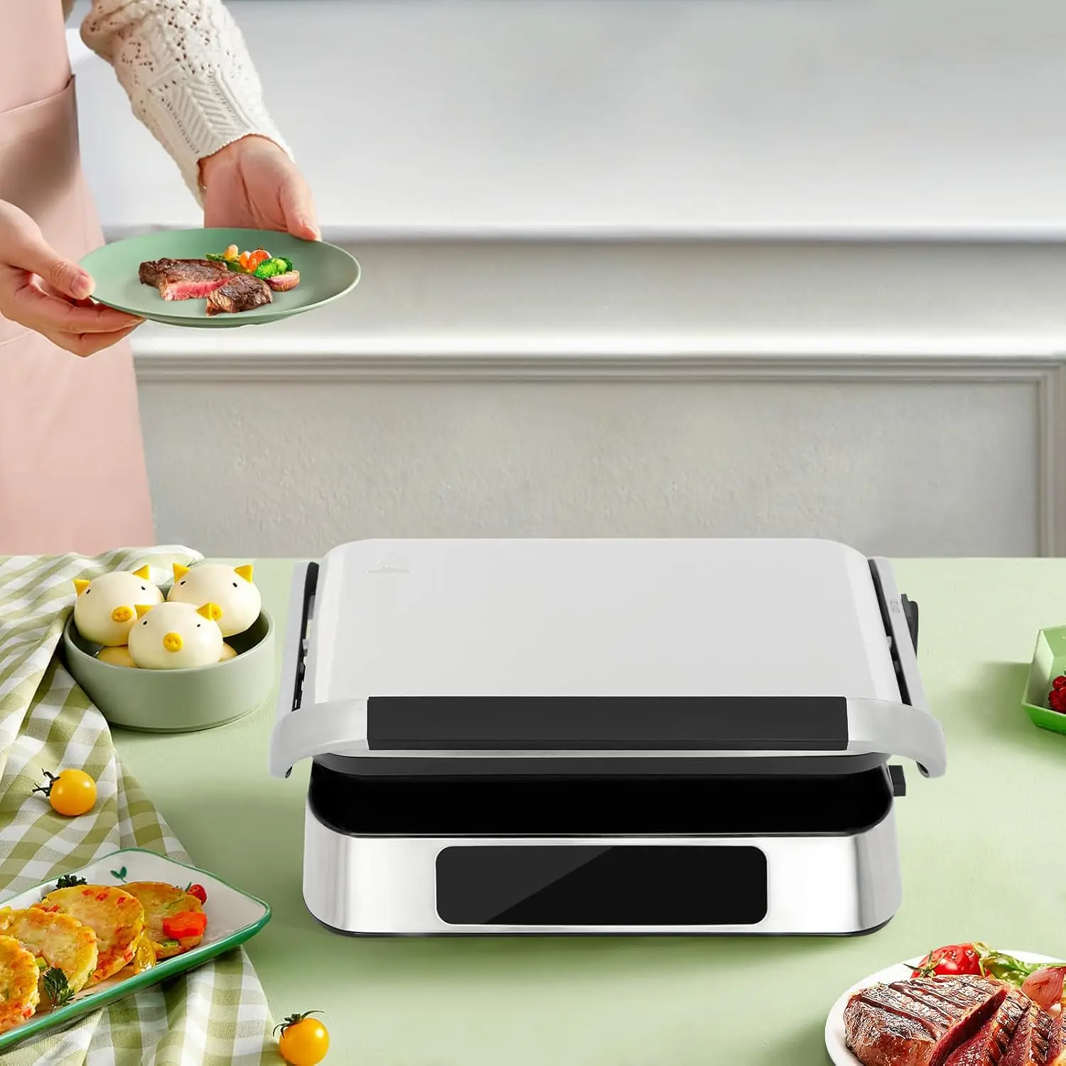 เครื่องทําแซนวิช,เครื่องทําสเต็ก 2 ใน 1 ที่ไวต่อการสัมผัส 1600W,เครื่องทําแซนวิชแบบปรับได้พร้อมหน้าจอแสดงผล LED สําหรับ