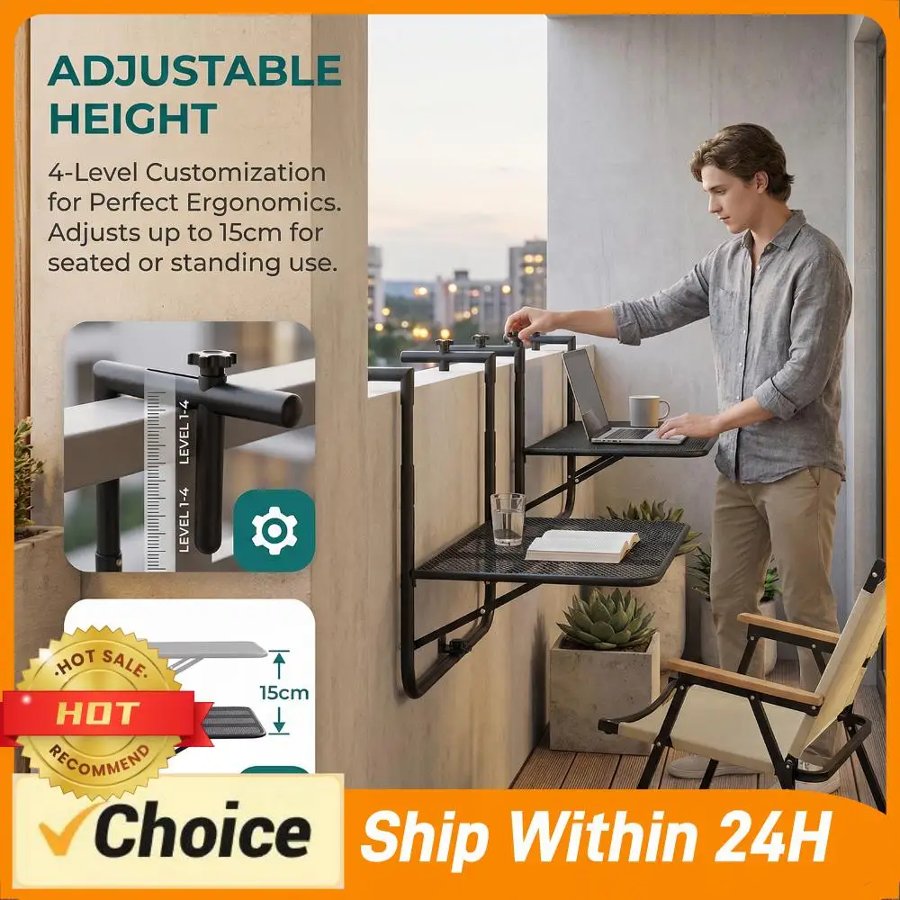 

Balcony Table Folding Outdoor Balcony Railing Desk Adjustable Height Wrought Iron Hanging Table for Patio Space-Saving Furniture