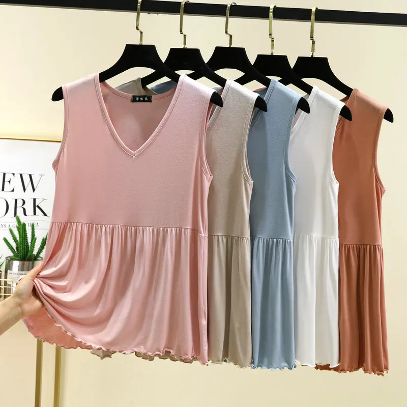 2025 summer temperament loose plus size sleeveless v-neck stitching vest wooden ear modal outerwear home top