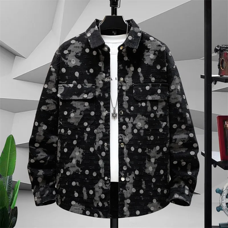 

Fashion Retro Denim Jacket Men 2025 Autumn Basic Versatile Denim Coats Polka Dot Print Make An Old Workwear Jackets Streetwear