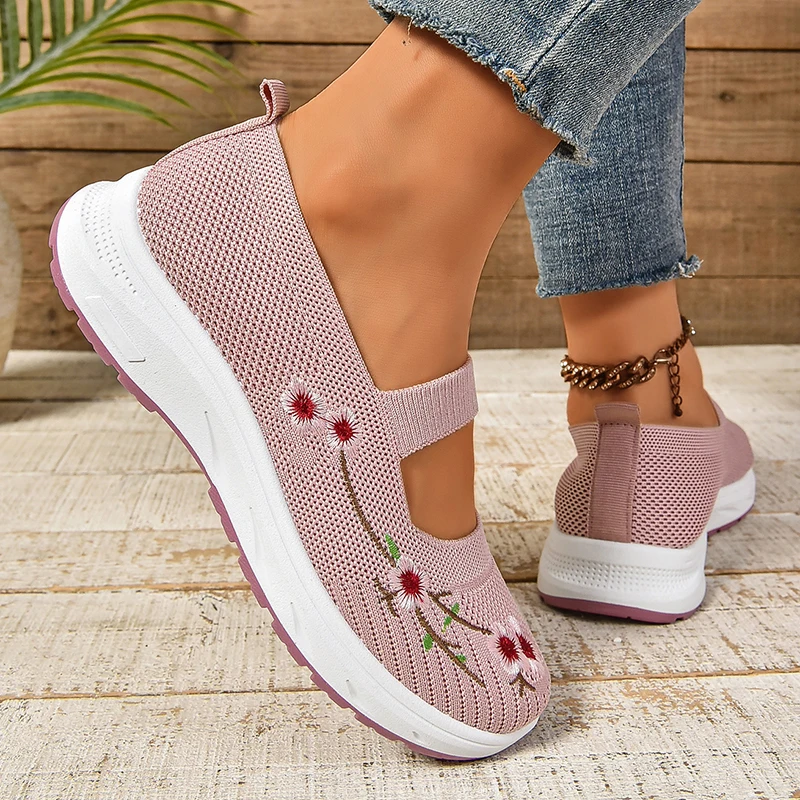 Knitted Embroided Floral Flat Platform Loafers Women Breathable Mesh Slip On Sneakers 2024 Autumn Patchwork Shallow Shoes