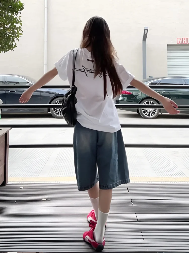 حجم كبير السراويل الدنيم خمر خمس نقاط المرأة خريف 2025 جديد الأمريكية عادية فضفاض واسعة الساق متوسطة طول الجينز