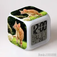 Anime Pet kitten Cartoon Alarm Clock Creative Student 8x8x8cm LED Cube with Colorful Light Display Time Week Month