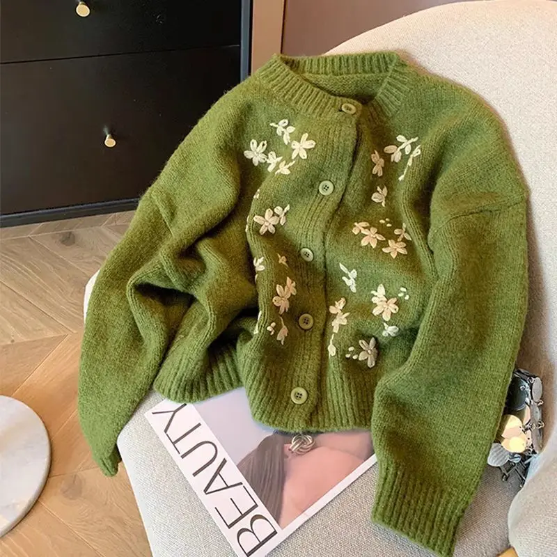 

Knitted Cardigan American Vintage Cozy Cardigan Bohemian Flower Embroidery Autumn Winter Prairie Chic Sweater Green Top