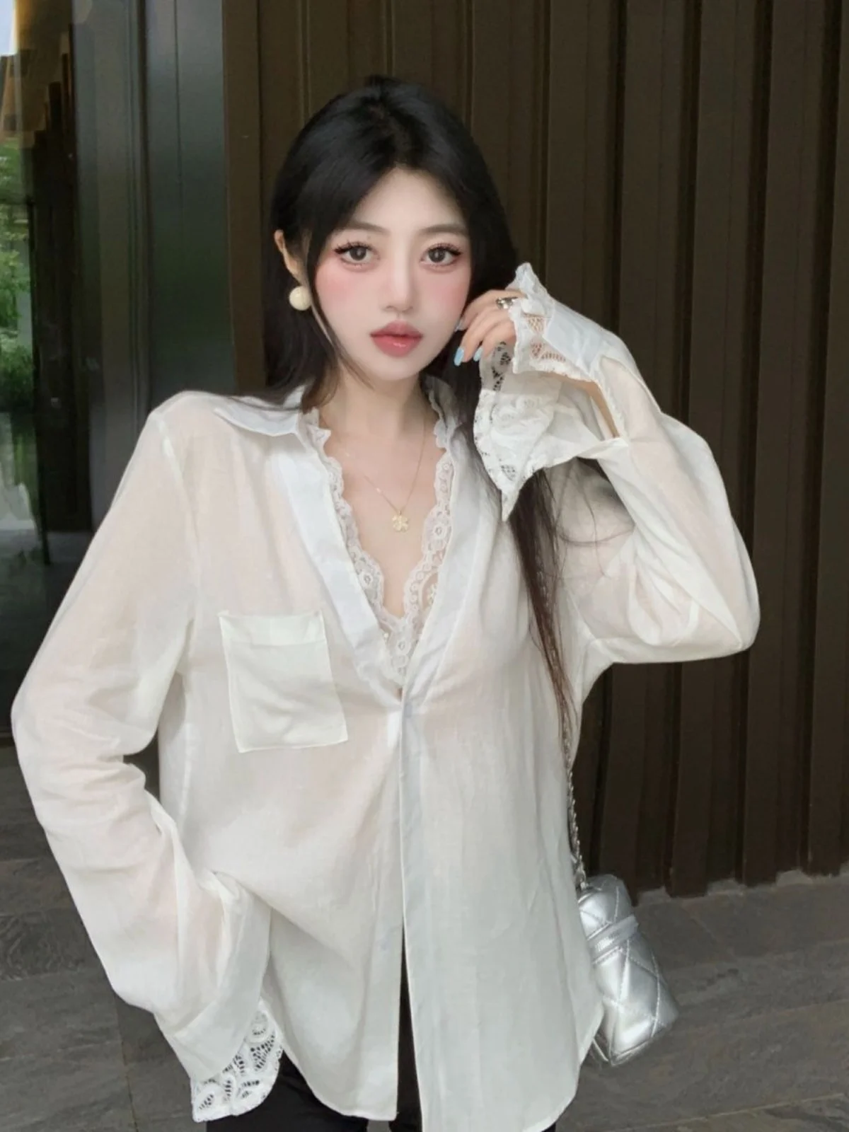 Tweedelig zonnebrandshirt voor dames in Koreaanse stijl met kanten versieringen - Sexy katoen-linnen gemengd herfstoutwear met lange mouwen