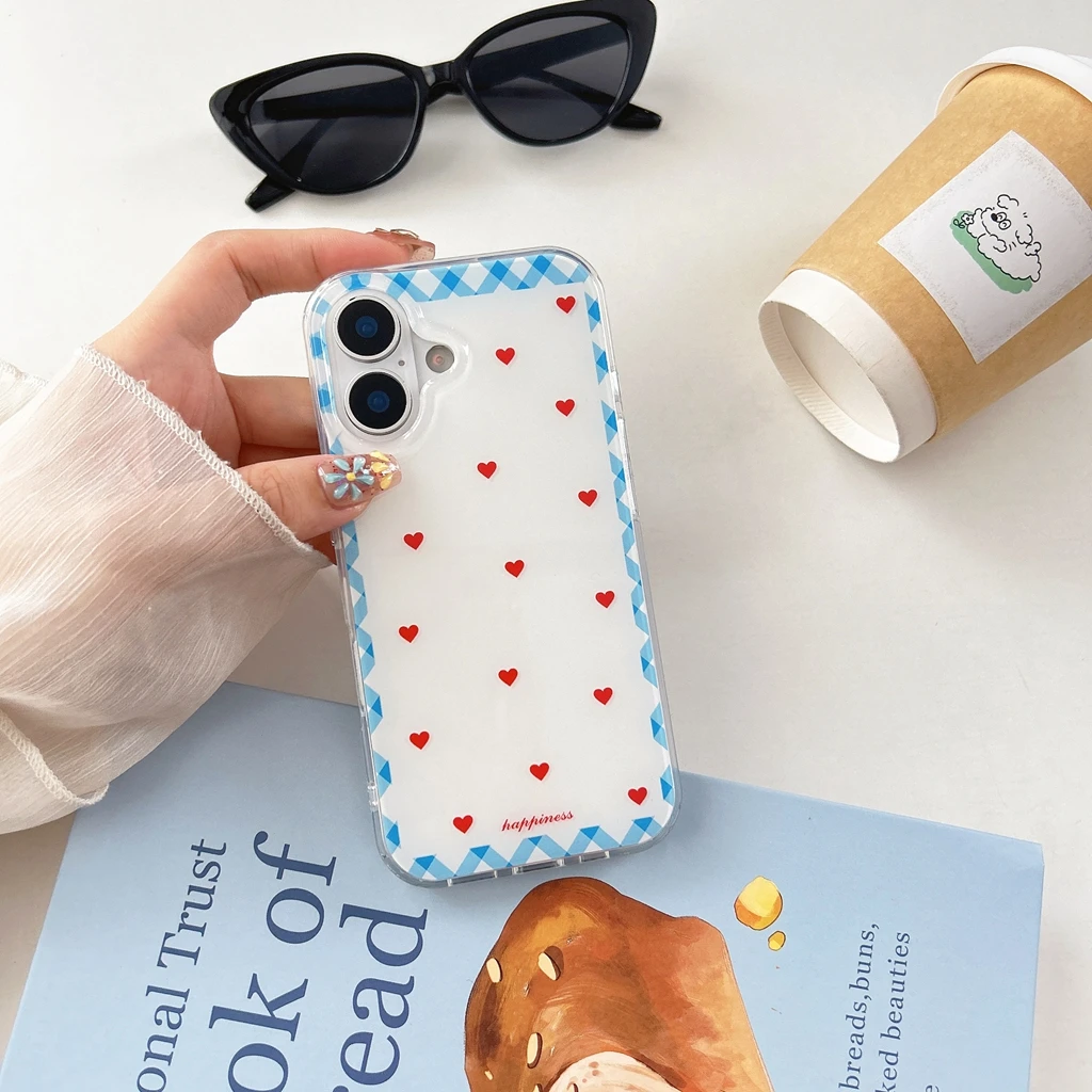 لطيف الطازجة شبكة نمط الأحمر الحب القلب الكرز الحبل صدمة برهان غطاء الهاتف القضية آيفون 17 16 15 14 13 برو ماكس #4