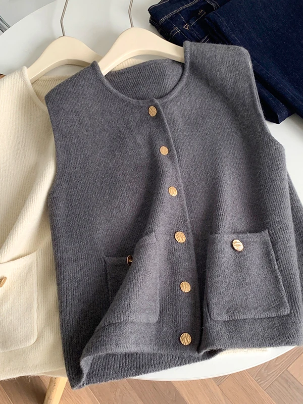 Haut de gilet tricoté Ele pour femmes Saison d'automne Bouton unique Svel Layering Faion Commute Sle rond Ne Regular L...