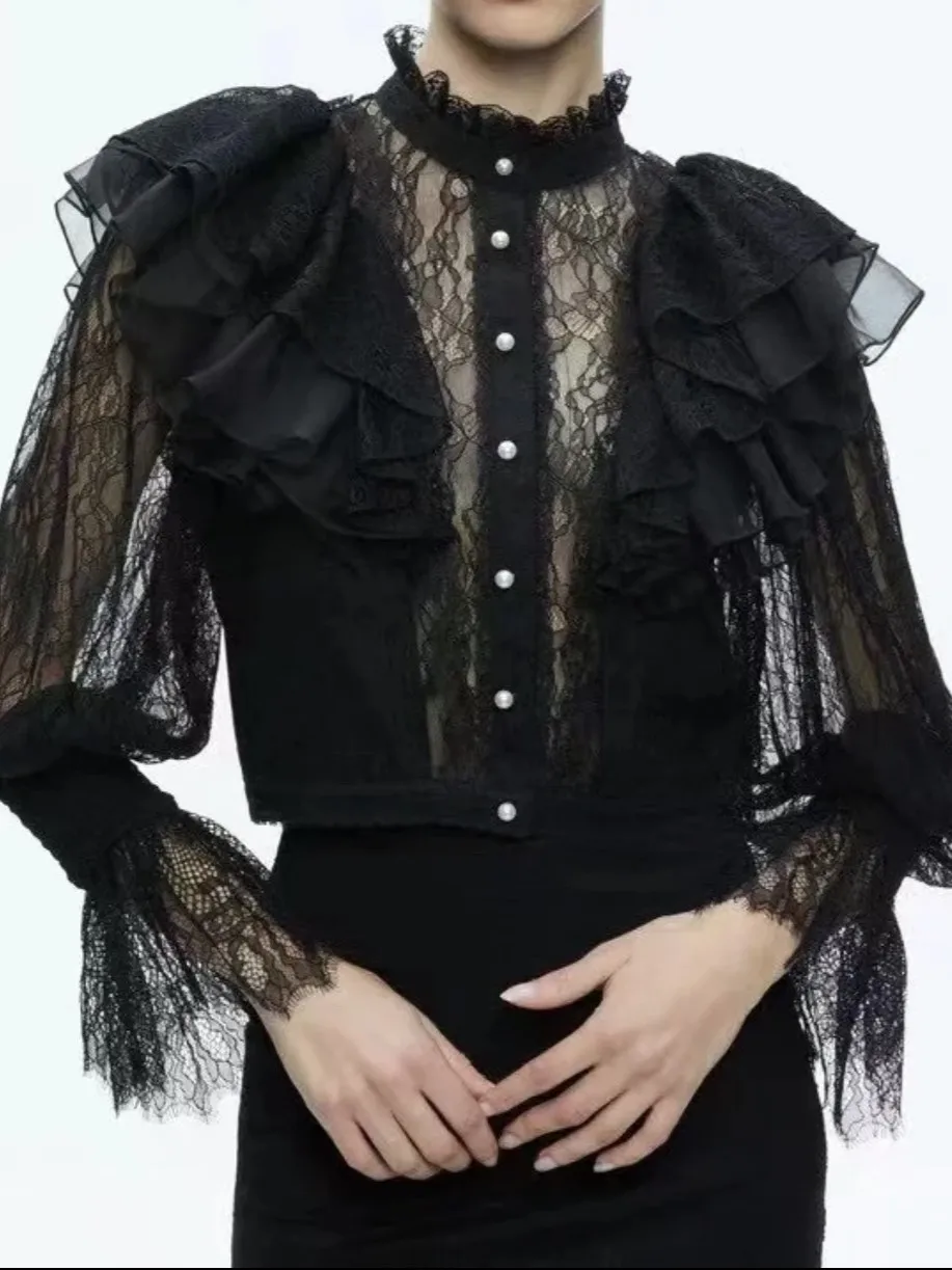 

Lace Embroidery Women Black Shirt Pearl Buttons Stand Collar Flare Sleeve Elegant Ladies Blouse