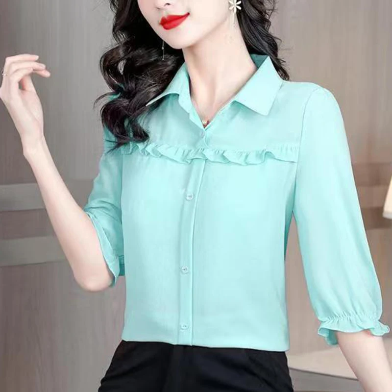

2025 Summer New Casual Pullovers Loose Office Lady Shirt Elegant Lapel Button Spliced Chiffon Ruffles Blouse Women's Clothing