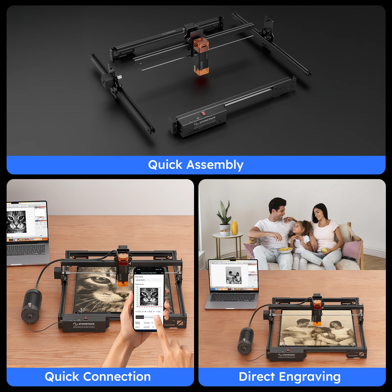 ATOMSTACK A5 Pro V2 النقش بالليزر الخشب والجلود معدن الاكريليك طابعة توجيه صغيرة باستخدام الحاسب الآلي نحت سطح المكتب القاطع 410*380 مللي متر حفارة