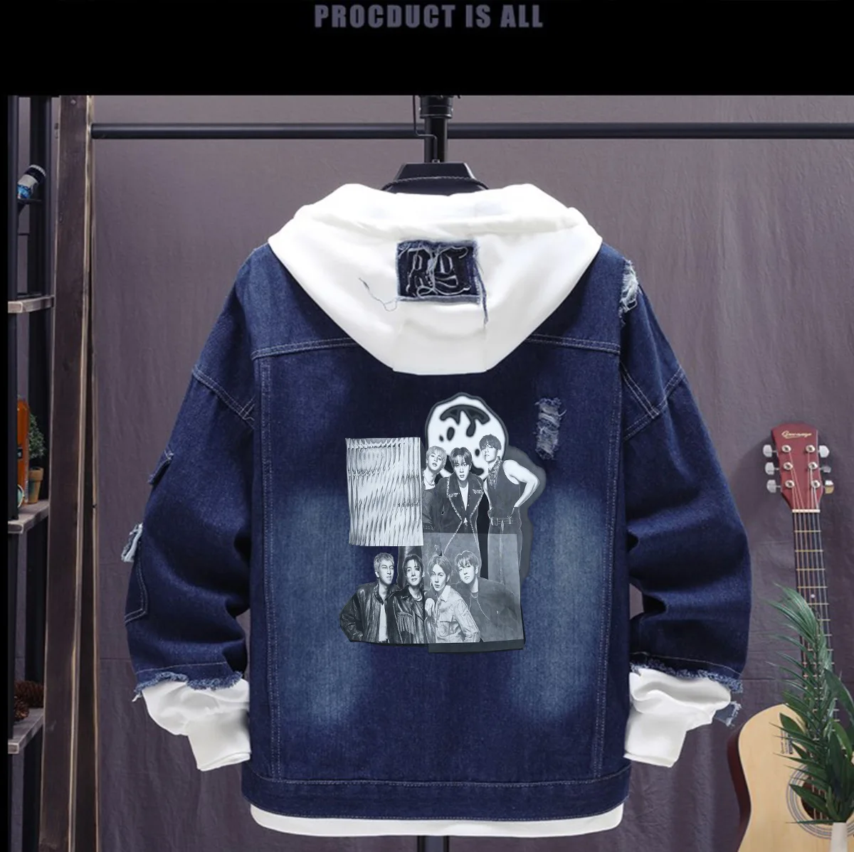 Arirang World Tour themed printed hooded denim jacket, streetwear style retro jacket Group portraits around the Korean group