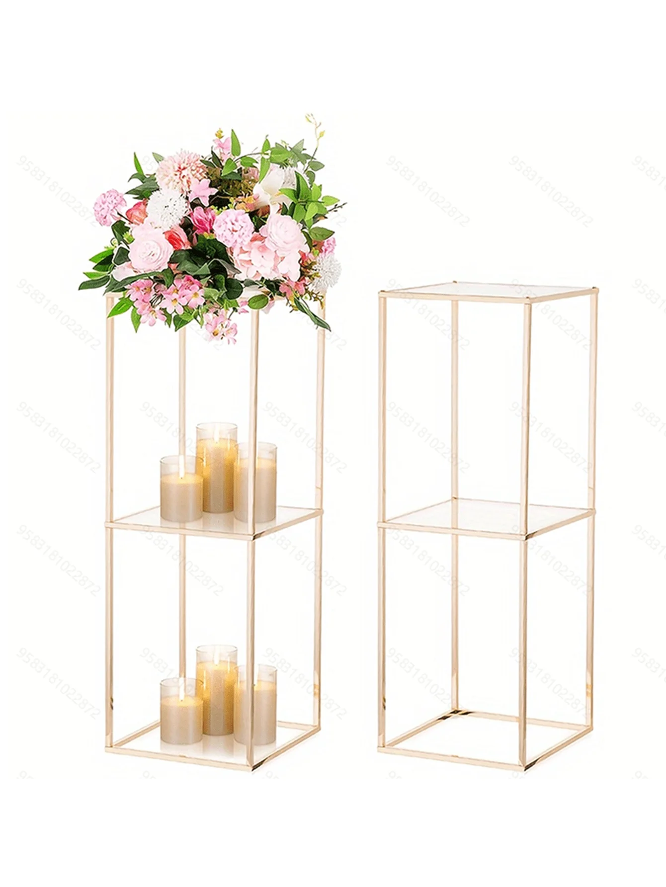

Gold Flower Stand For Centerpieces 2 Layer 31.5Inch Tall Stand Pedestal Table Acrylic Panel Metal Floor Vases Cylinder Stands