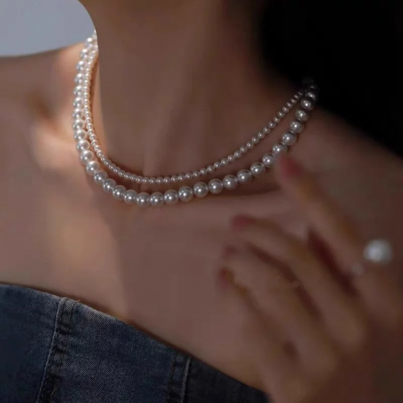 SGARIT Classic S925 Silver 3-4mm with 7-8mm Aurora Natural Freshwater Pearl Double Rows Necklace Jewellery Set For Women