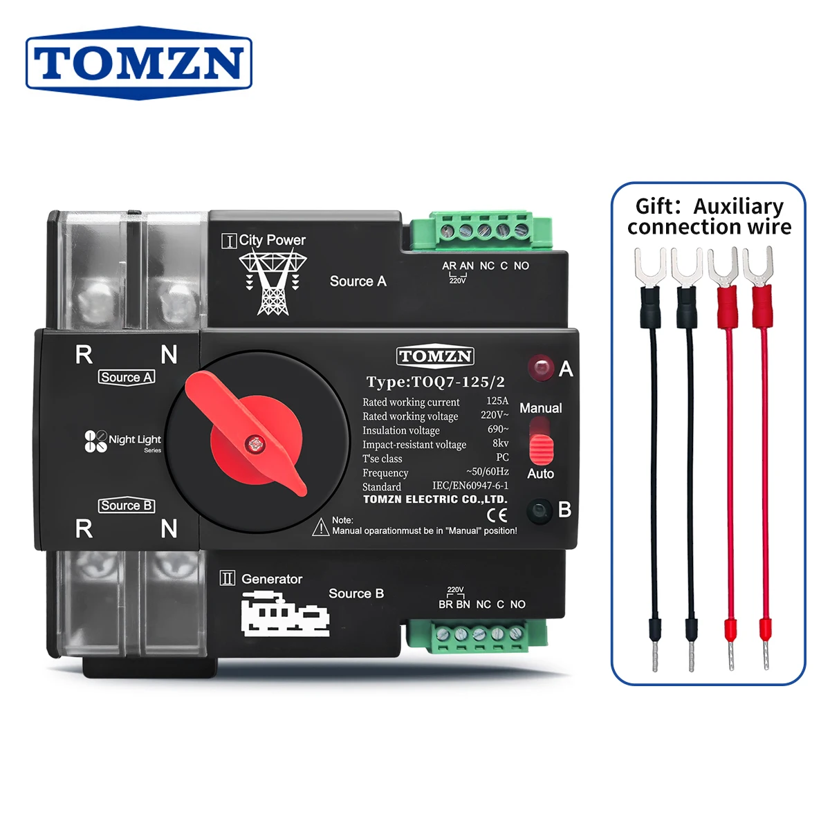 

TOMZN Night light series Din Rail ATS 220V 230V Dual Power Automatic Transfer Electrical Selector Switch 2P 63A 100A 125A