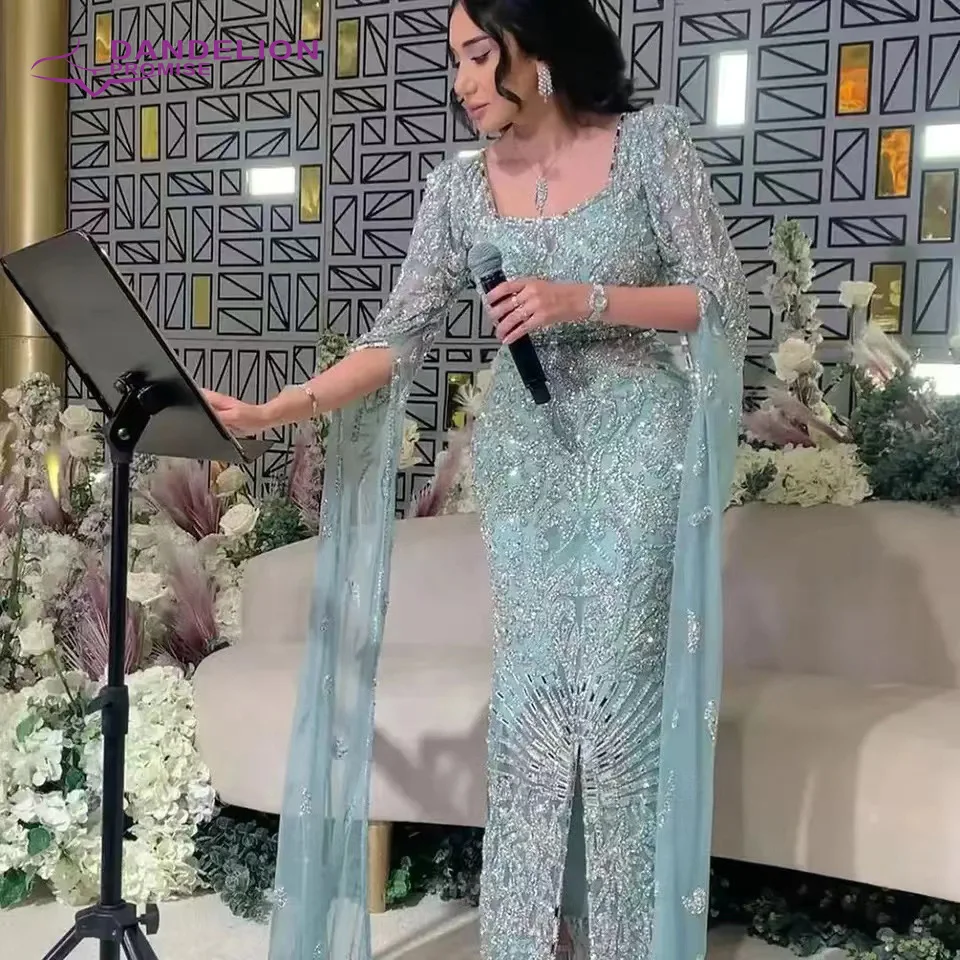 Vestido de noche de sirena desnuda árabe de lujo con mangas de capa con cuentas elegante cuello cuadrado Dubai vestidos de fiesta de boda para mujer