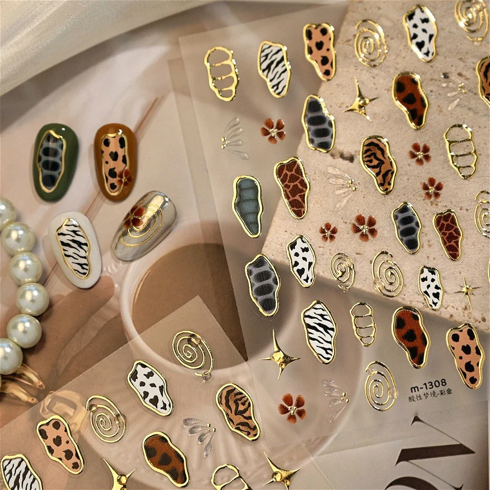 Retro Animal Print Gold Stamped Stars Flowers Geometric Nail Art Stickers Leopard Print Zebra Stripes Cow Print Manicure Decals