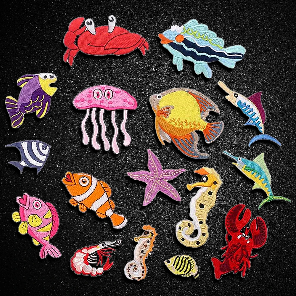 New Cartoon Sea Animals Embroidery Patches Clothing Jellyfish Crab Lobster Starfish Iron-on For Clothing Sewing Stickers Badges