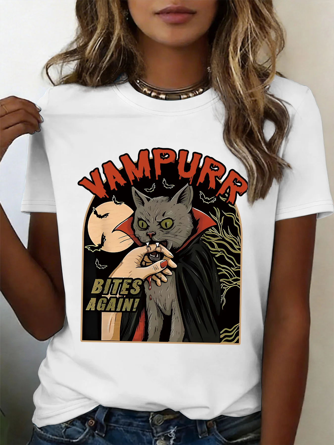 Women Crew Neck Tee Vampurr Vampire Cat Halloween Graphic Print Short Sleeve Loose Ladies Summer Cotton Plus Size Casual Top