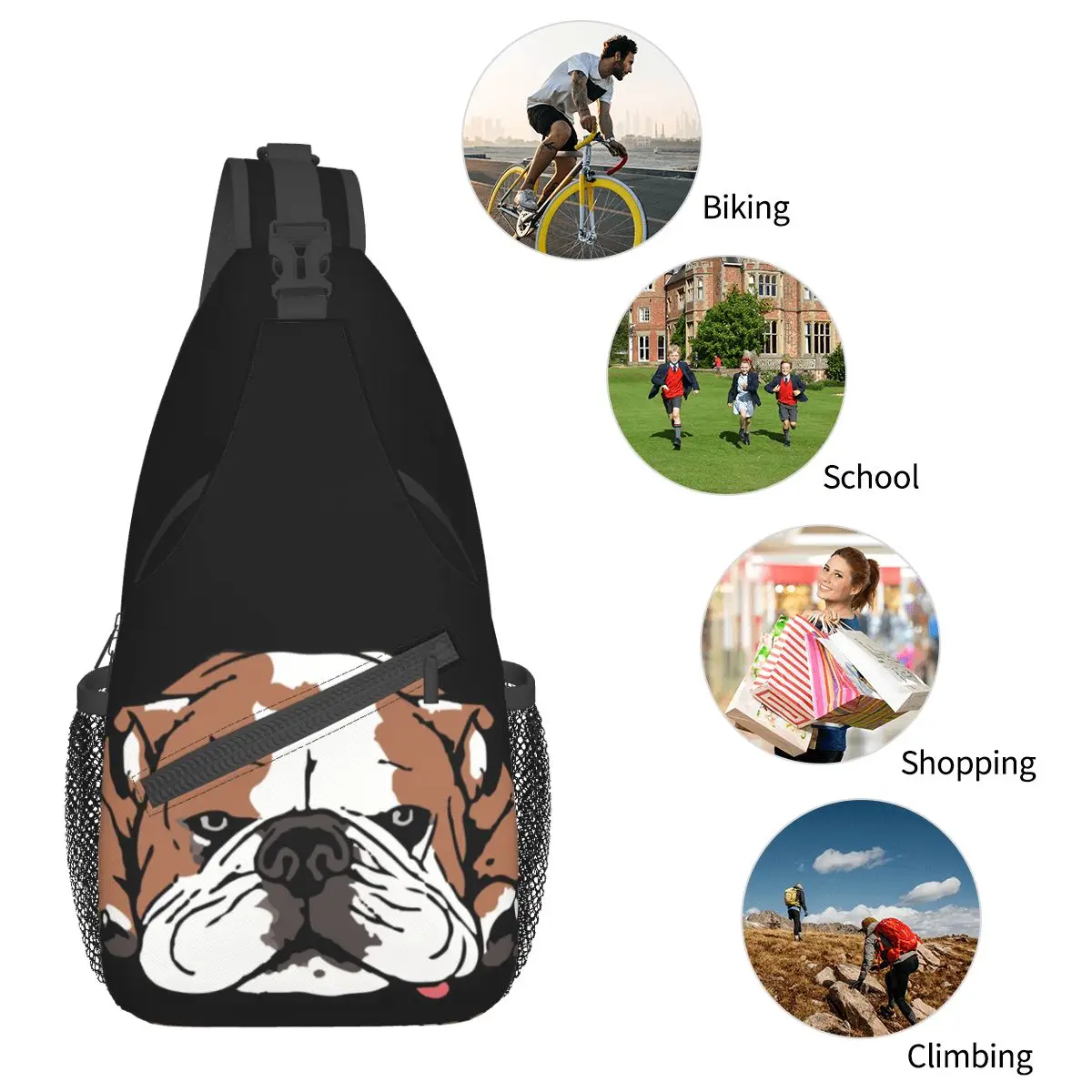 Grappige Bulldog Honden Slinger Tassen Borst Crossbody Schouder Rugzak Outdoor Sport Dagrugzakken Dierenmode Tassen