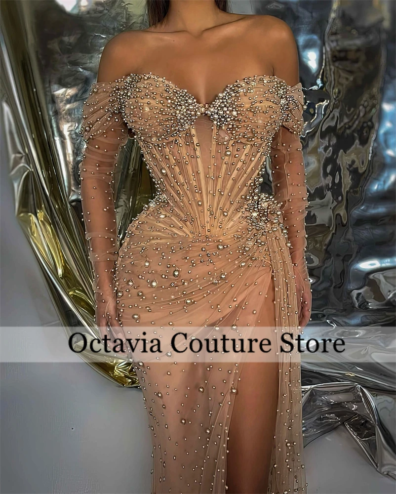 Gold Off The Shoulder Luxury Middle Eastern Evening Dress Bead Crystal 2024 Birthday Dress Split Formal Gown With Sleeve