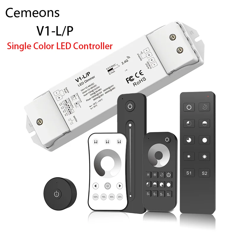 V1-L/P LED Dimmer 12-48V RT1 1 Zone Single Color LED Strip Dimming Kit Wireless Wifi 2.4G RF Remote Control Push Switch Dimmer