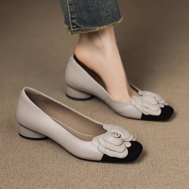 Elegant Women Heeled Shoes Flower New Chunky Loafers Shoes Winter New Designer 2025 Woman Marie Janes Party Pumps Zapatos Mujer