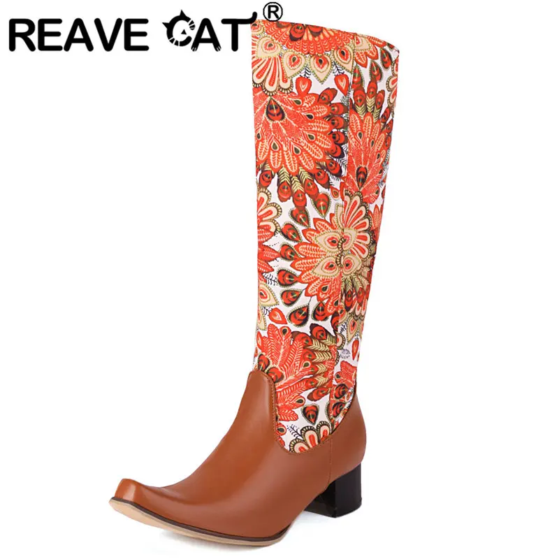 REAVE CAT Women Leisure Long Boots Round Toe 4.5cm Block Heels Mixed Color Plus Size 47 48 49 50
