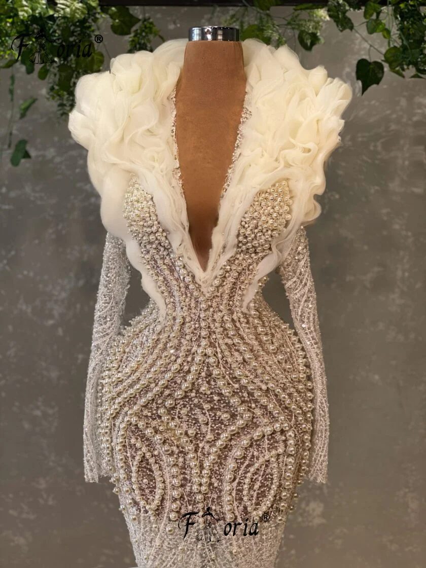 Gorgeous Pearl Formal Party Dresses Beaded Ruffles Dubai Mermaid Prom Celebrity Dress Illusion Wedding Gown Robe De Soiree Femme